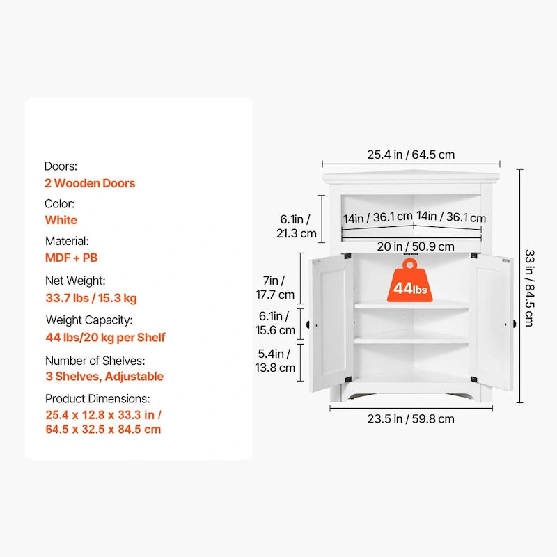 Corner Cabinet 32 with 2 Doors and Adjustable Shelves for Home Storage - 25.4 x 12.8 x 33.3 in