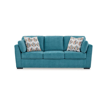 Viena Sofa with 2 Accent Throw Pillows, Teal Blue Faux Velvet 94 Inch
