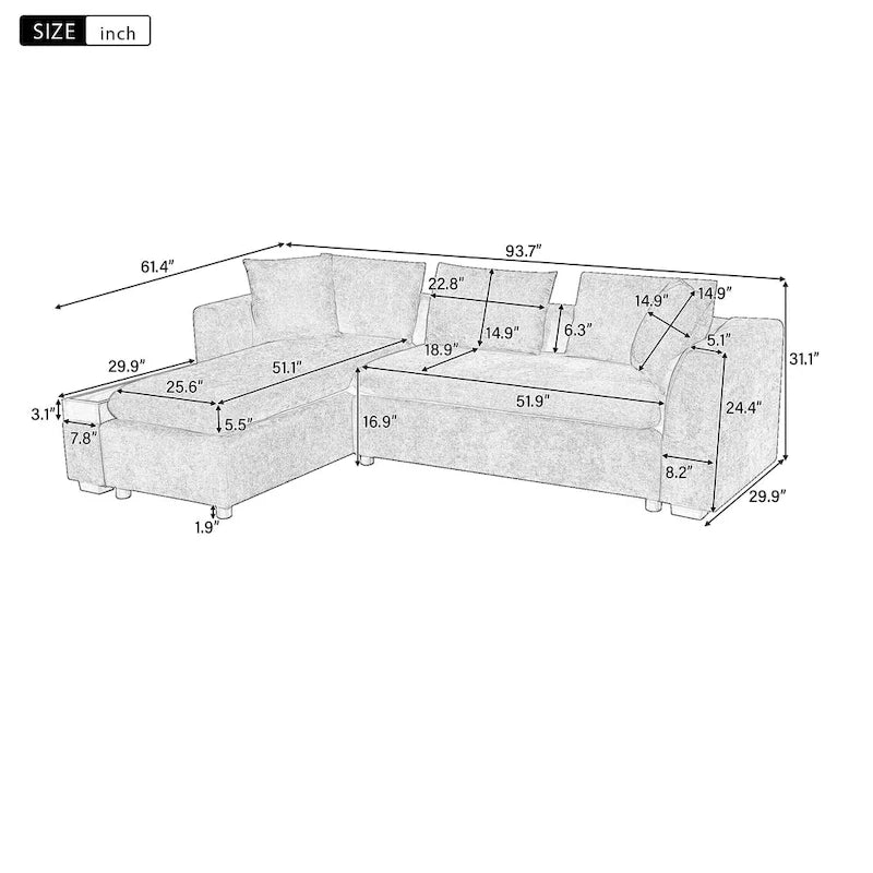 Chenille Upholstered Cloud Sofa L-Shaped Couch with Chaise Lounge & Storage