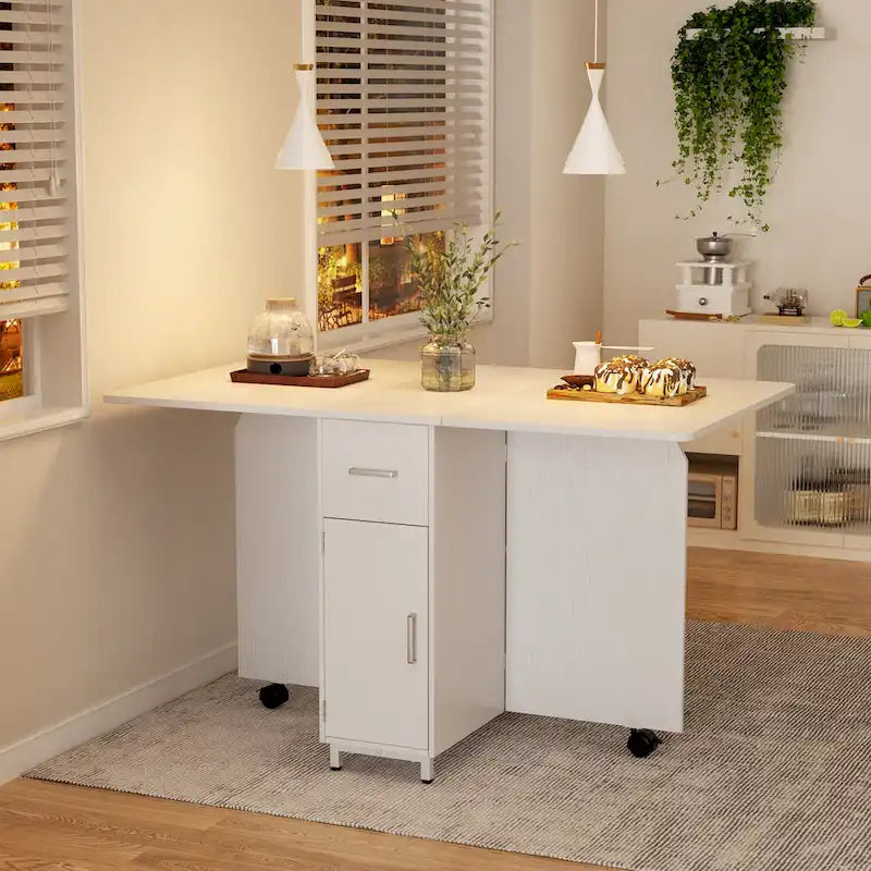 Modern Farmhouse Foldable Dining Table with Storage Cabinet
