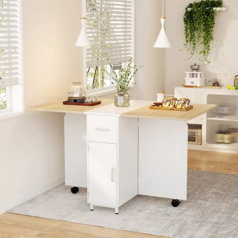 Modern Farmhouse Foldable Dining Table with Storage Cabinet