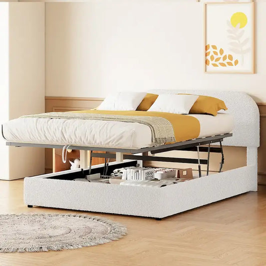 Lift Up Storage Platform Bed Frame, Teddy Fleece Low Profile Bed Hydraulic Storage System, Curved Headboard, Wood Panel Bed