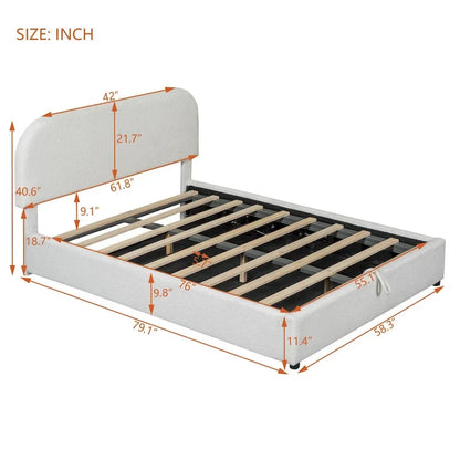 Lift Up Storage Platform Bed Frame, Teddy Fleece Low Profile Bed Hydraulic Storage System, Curved Headboard, Wood Panel Bed