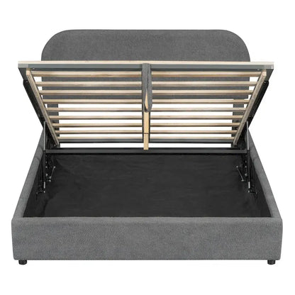 Lift Up Storage Platform Bed Frame, Teddy Fleece Low Profile Bed Hydraulic Storage System, Curved Headboard, Wood Panel Bed