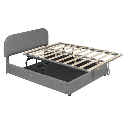 Lift Up Storage Platform Bed Frame, Teddy Fleece Low Profile Bed Hydraulic Storage System, Curved Headboard, Wood Panel Bed