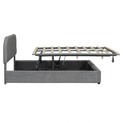 Lift Up Storage Platform Bed Frame, Teddy Fleece Low Profile Bed Hydraulic Storage System, Curved Headboard, Wood Panel Bed
