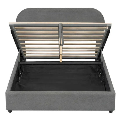 Lift Up Storage Platform Bed Frame, Teddy Fleece Low Profile Bed Hydraulic Storage System, Curved Headboard, Wood Panel Bed
