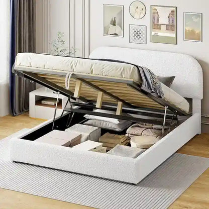 Lift Up Storage Platform Bed Frame, Teddy Fleece Low Profile Bed Hydraulic Storage System, Curved Headboard, Wood Panel Bed