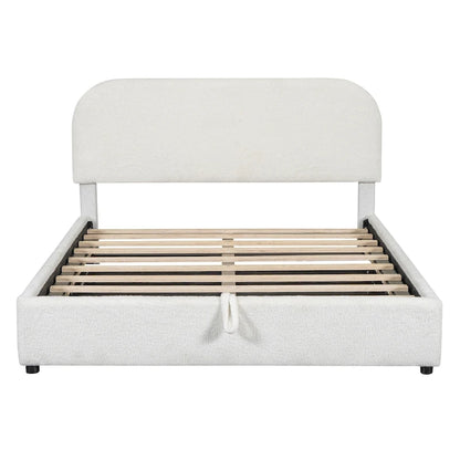 Lift Up Storage Platform Bed Frame, Teddy Fleece Low Profile Bed Hydraulic Storage System, Curved Headboard, Wood Panel Bed