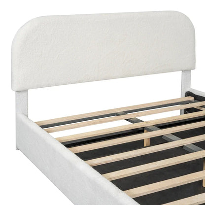 Lift Up Storage Platform Bed Frame, Teddy Fleece Low Profile Bed Hydraulic Storage System, Curved Headboard, Wood Panel Bed