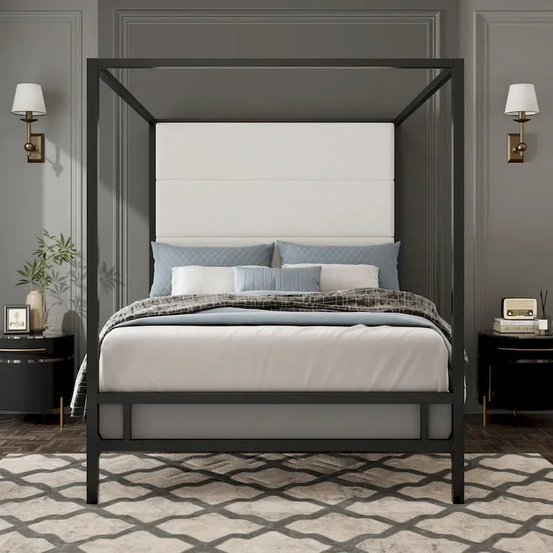 Modern Platform Canopy Bed with Wingback Upholstered Headboard and Metal 4-poster Bed Frame, Box Spring Needed Low Profile Bed