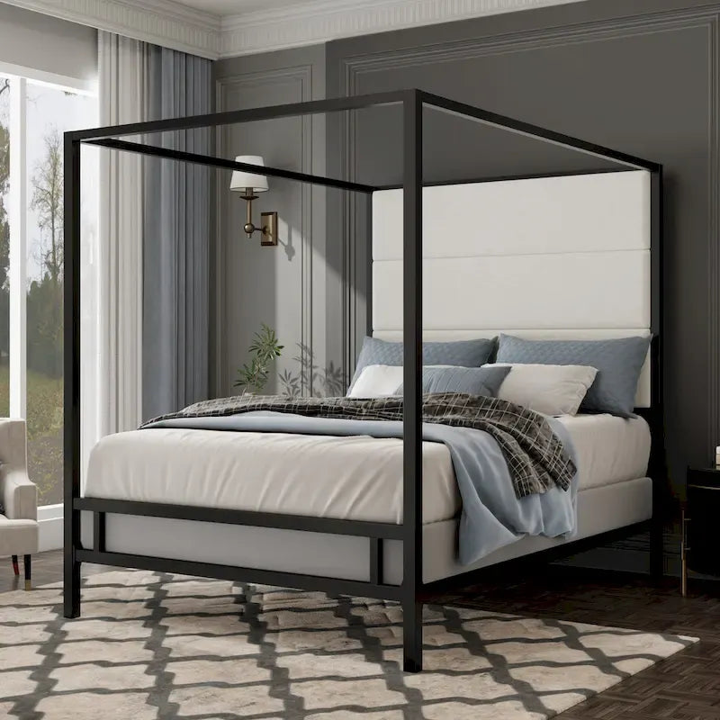 Modern Platform Canopy Bed with Wingback Upholstered Headboard and Metal 4-poster Bed Frame, Box Spring Needed Low Profile Bed