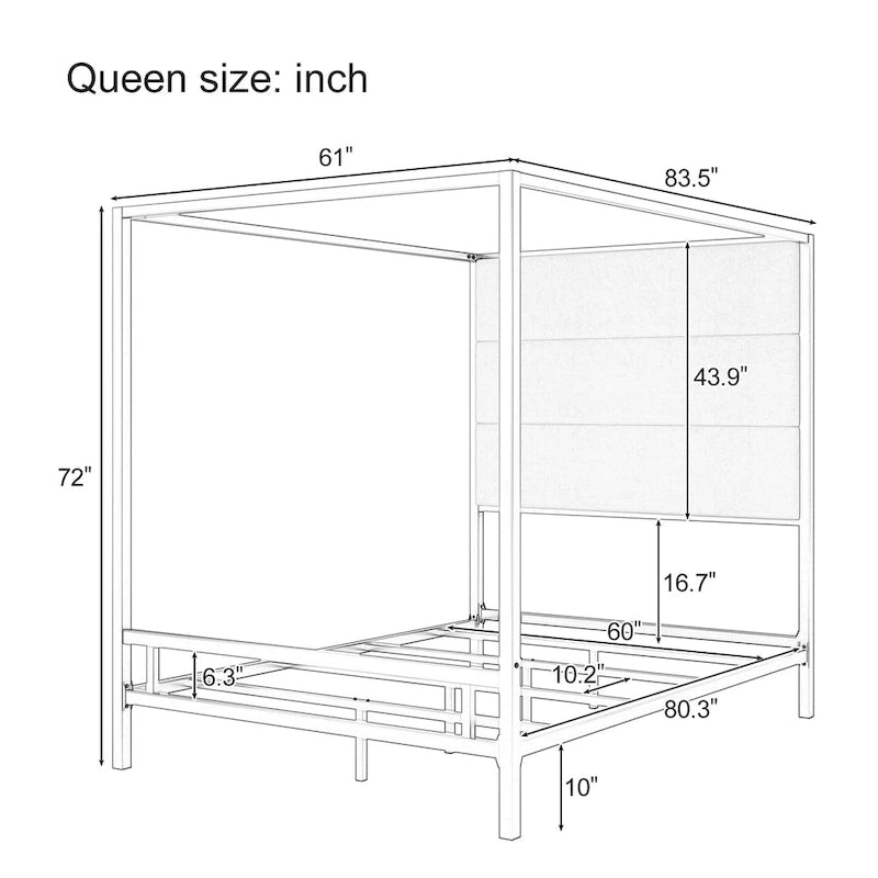 Modern Platform Canopy Bed with Wingback Upholstered Headboard and Metal 4-poster Bed Frame, Box Spring Needed Low Profile Bed