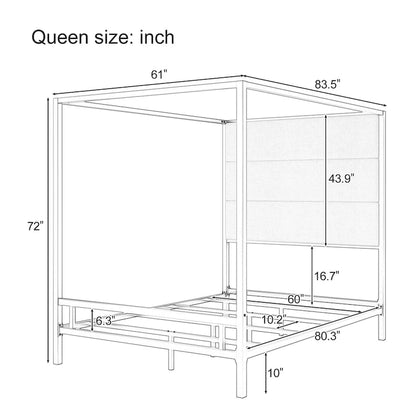 Modern Platform Canopy Bed with Wingback Upholstered Headboard and Metal 4-poster Bed Frame, Box Spring Needed Low Profile Bed