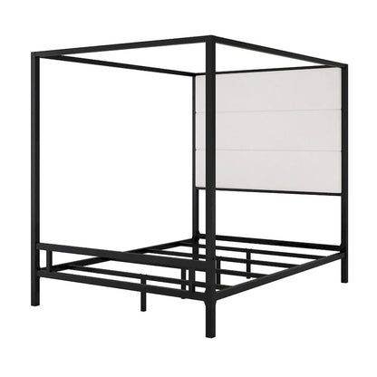 Modern Platform Canopy Bed with Wingback Upholstered Headboard and Metal 4-poster Bed Frame, Box Spring Needed Low Profile Bed