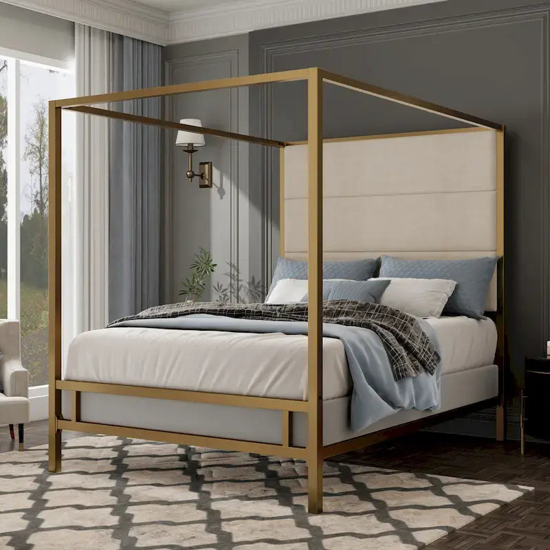 Modern Platform Canopy Bed with Wingback Upholstered Headboard and Metal 4-poster Bed Frame, Box Spring Needed Low Profile Bed
