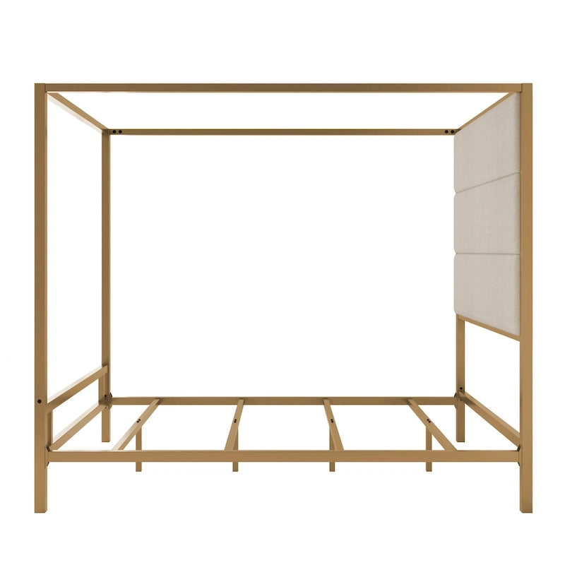 Modern Platform Canopy Bed with Wingback Upholstered Headboard and Metal 4-poster Bed Frame, Box Spring Needed Low Profile Bed