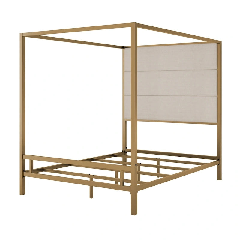 Modern Platform Canopy Bed with Wingback Upholstered Headboard and Metal 4-poster Bed Frame, Box Spring Needed Low Profile Bed