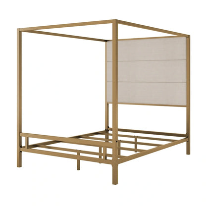 Modern Platform Canopy Bed with Wingback Upholstered Headboard and Metal 4-poster Bed Frame, Box Spring Needed Low Profile Bed