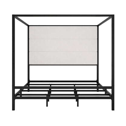 Modern Platform Canopy Bed with Wingback Upholstered Headboard and Metal 4-poster Bed Frame, Box Spring Needed Low Profile Bed