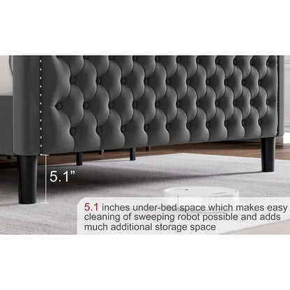 King Size Modern Velvet Platform Bed with Upholstered Headboard