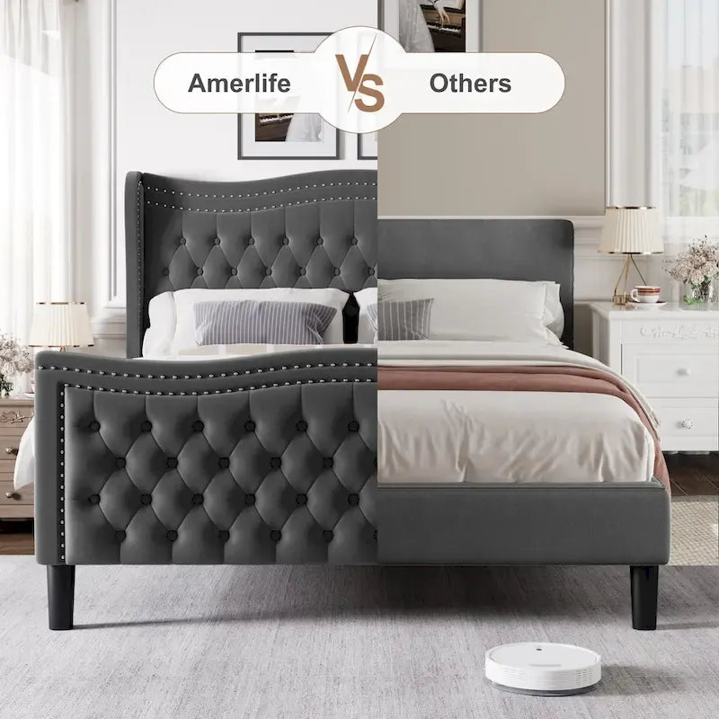 King Size Modern Velvet Platform Bed with Upholstered Headboard