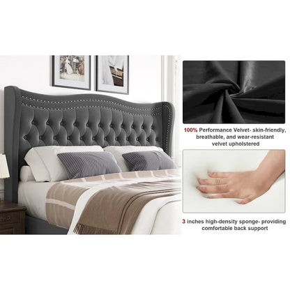 King Size Modern Velvet Platform Bed with Upholstered Headboard