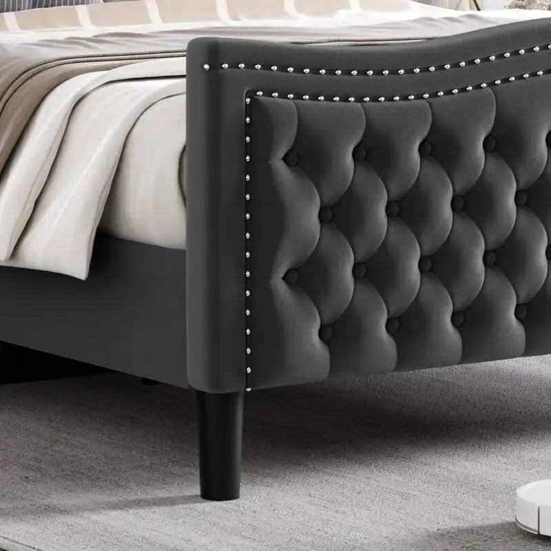King Size Modern Velvet Platform Bed with Upholstered Headboard