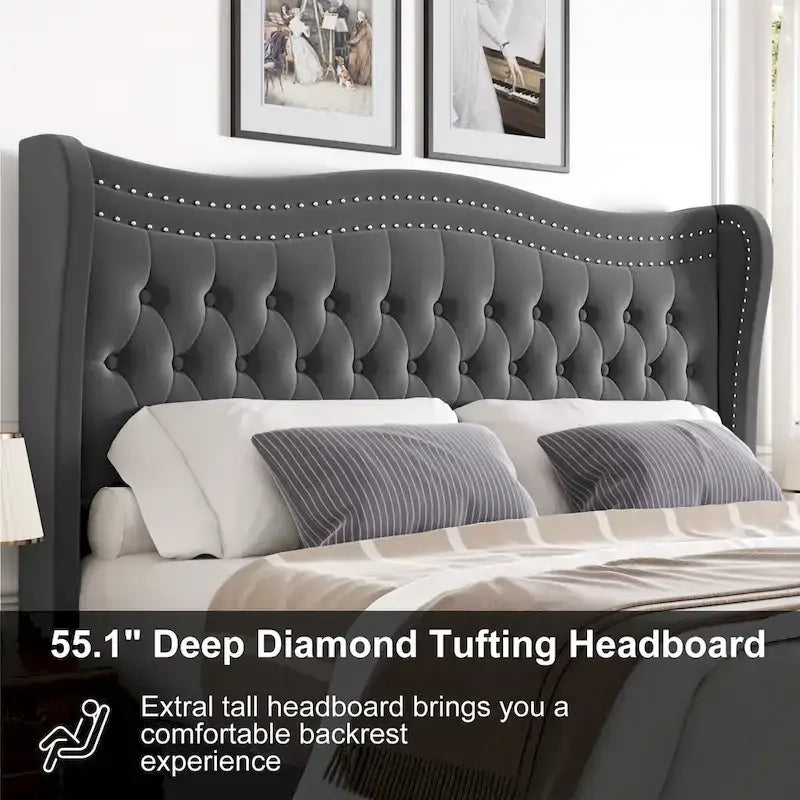 King Size Modern Velvet Platform Bed with Upholstered Headboard