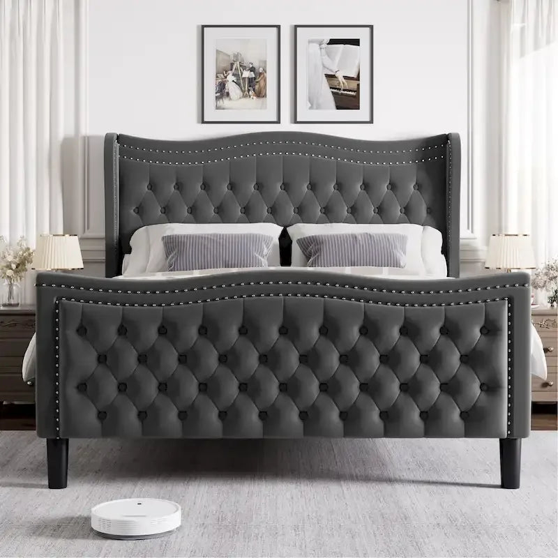 King Size Modern Velvet Platform Bed with Upholstered Headboard