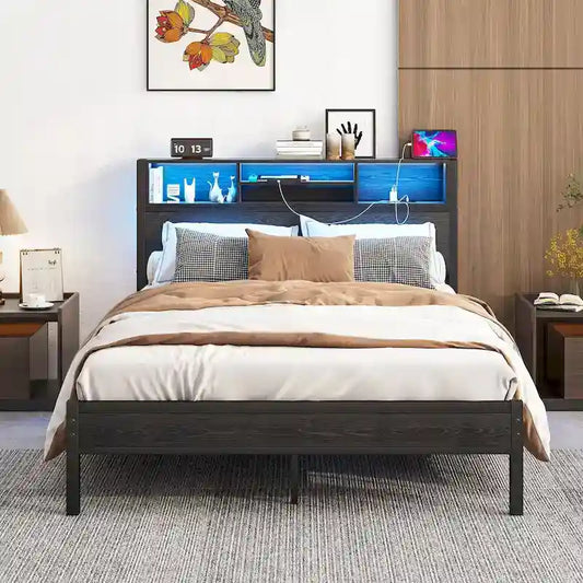 Full Size Metal Platform Bed with Storage Headboard and Charger