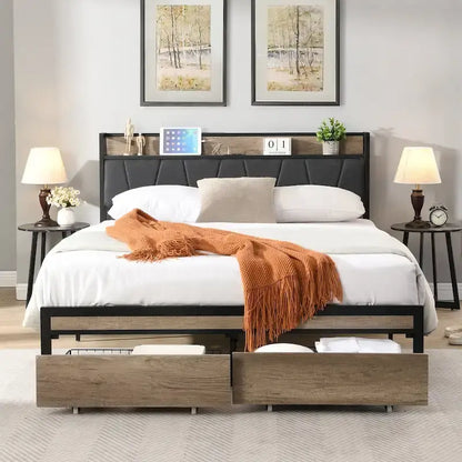 Metal Platform Bed with Drawers and Storage Headboard