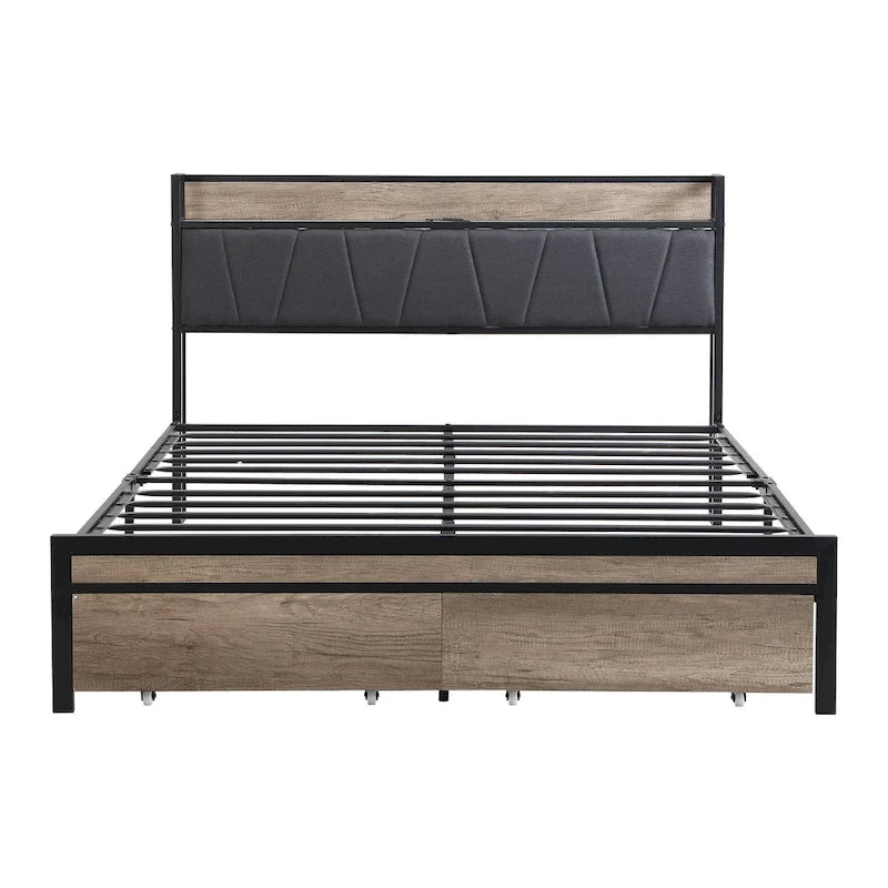 Metal Platform Bed with Drawers and Storage Headboard