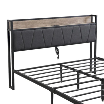 Metal Platform Bed with Drawers and Storage Headboard