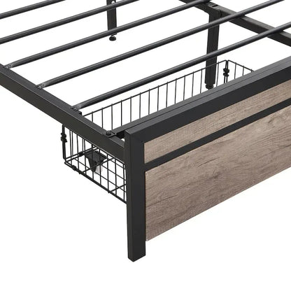Metal Platform Bed with Drawers and Storage Headboard