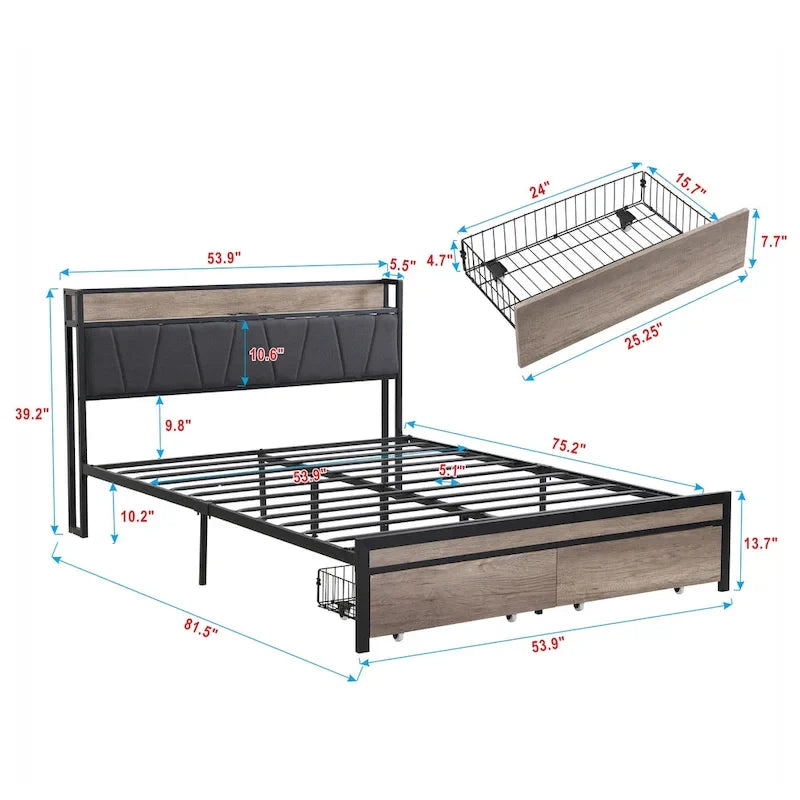 Metal Platform Bed with Drawers and Storage Headboard