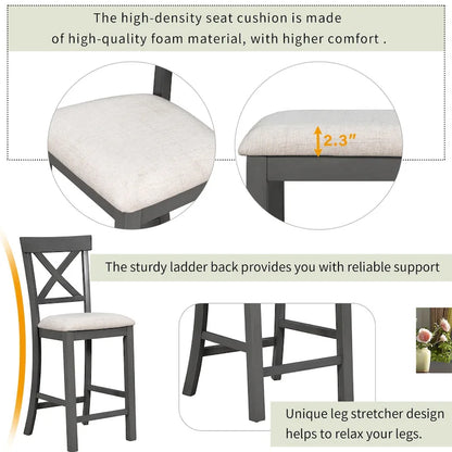 Gray 6-Piece Counter Height Wooden Dining Table Set with 4 Chairs & Bench
