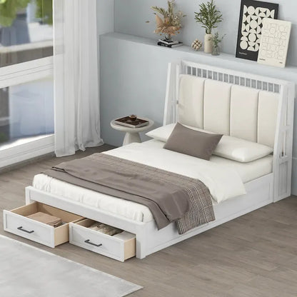 Full Size Wooden Platform Bed with Upholstered Headboard and 2 Drawers