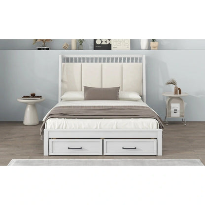 Full Size Wooden Platform Bed with Upholstered Headboard and 2 Drawers