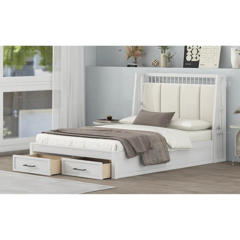 Full Size Wooden Platform Bed with Upholstered Headboard and 2 Drawers