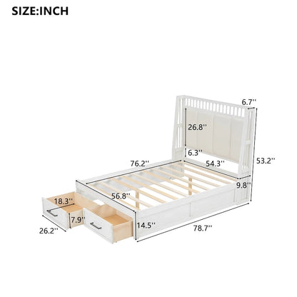 Full Size Wooden Platform Bed with Upholstered Headboard and 2 Drawers