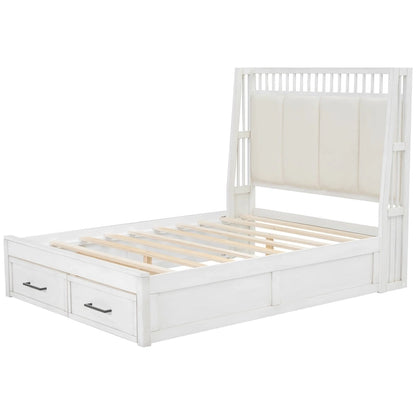 Full Size Wooden Platform Bed with Upholstered Headboard and 2 Drawers