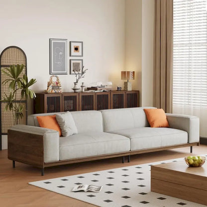 Mid-Century Modern 4 Seater Sofa Walnut Cotton Linen Upholstery, Removable Washable Covers, Deep Cushions with Pillows