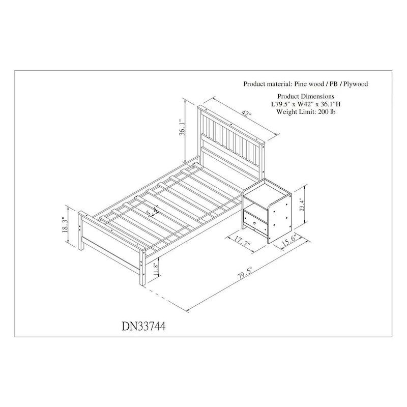 Twin Bed with Headboard and Footboard With a Nightstand