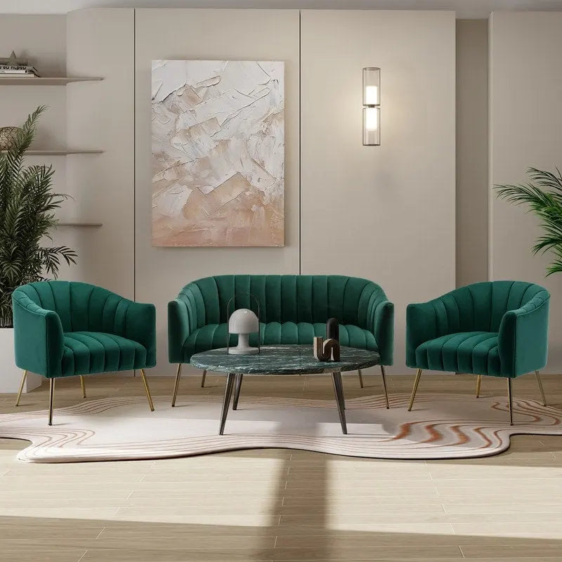 SEYNAR Modern Velvet Upholstered 3 Piece Living Room Set with Golden Legs
