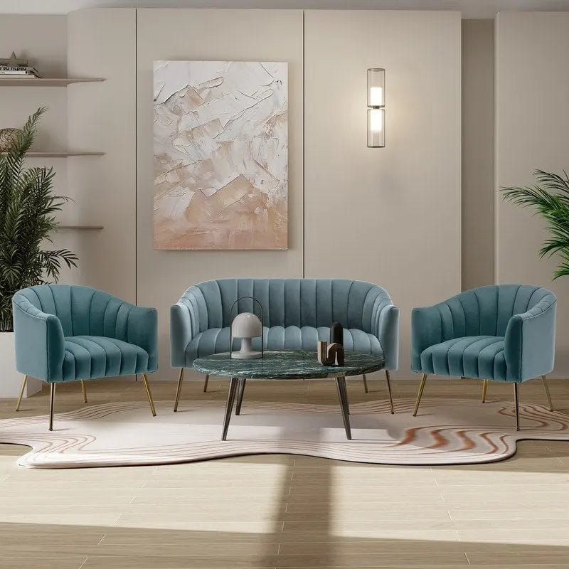 SEYNAR Modern Velvet Upholstered 3 Piece Living Room Set with Golden Legs