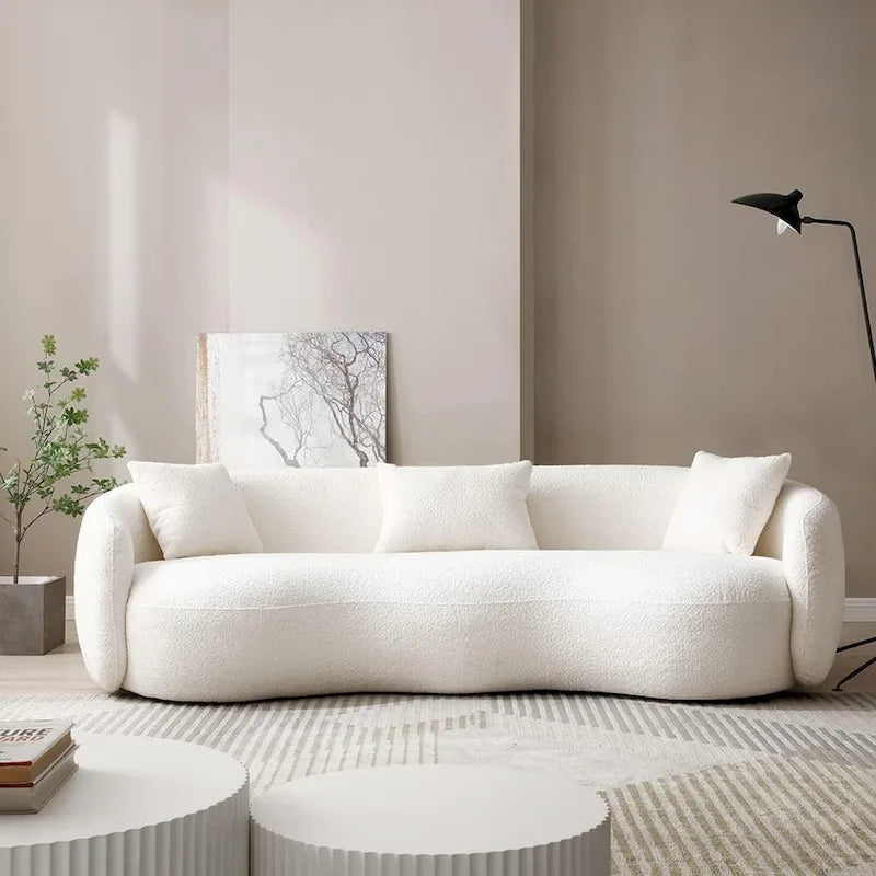 Minimalist Curved Sofa with Pillows - Soft Corduroy or Cozy Polar Fleece Upholstery