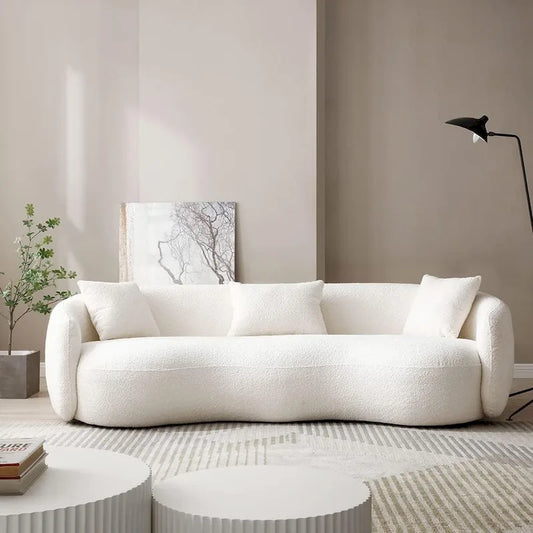 Minimalist Curved Sofa with Pillows - Soft Corduroy or Cozy Polar Fleece Upholstery