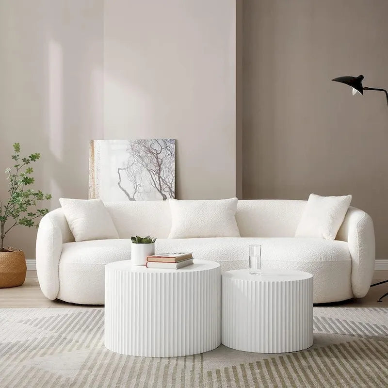 Minimalist Curved Sofa with Pillows - Soft Corduroy or Cozy Polar Fleece Upholstery