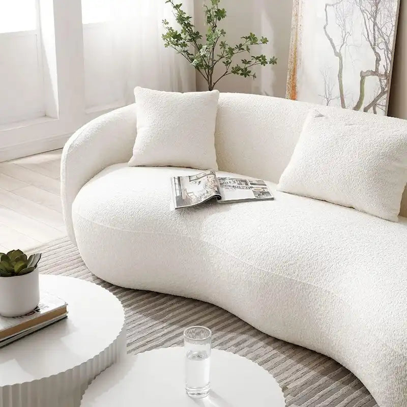 Minimalist Curved Sofa with Pillows - Soft Corduroy or Cozy Polar Fleece Upholstery